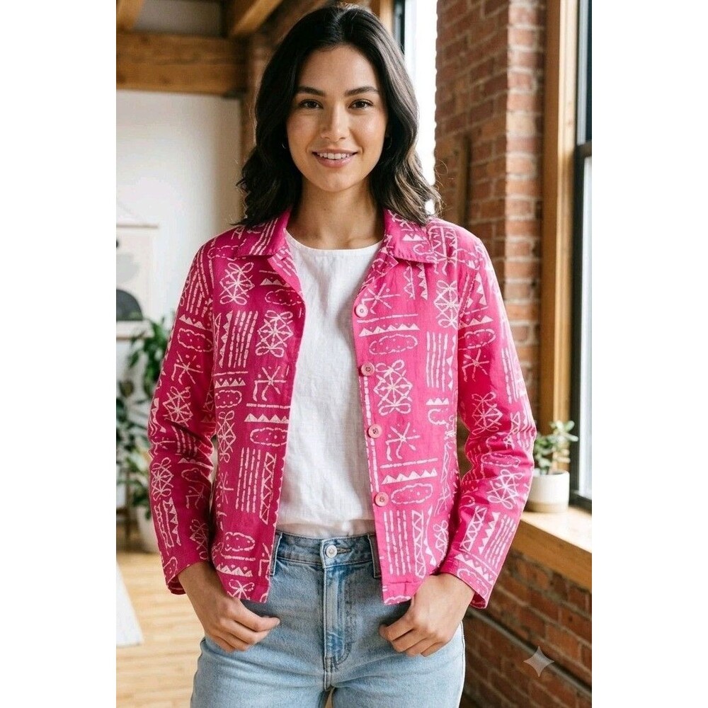 Vintage Sara Studio Pink Batik Tribal Print Jacket Size M 100% Cotton Y2k Boho